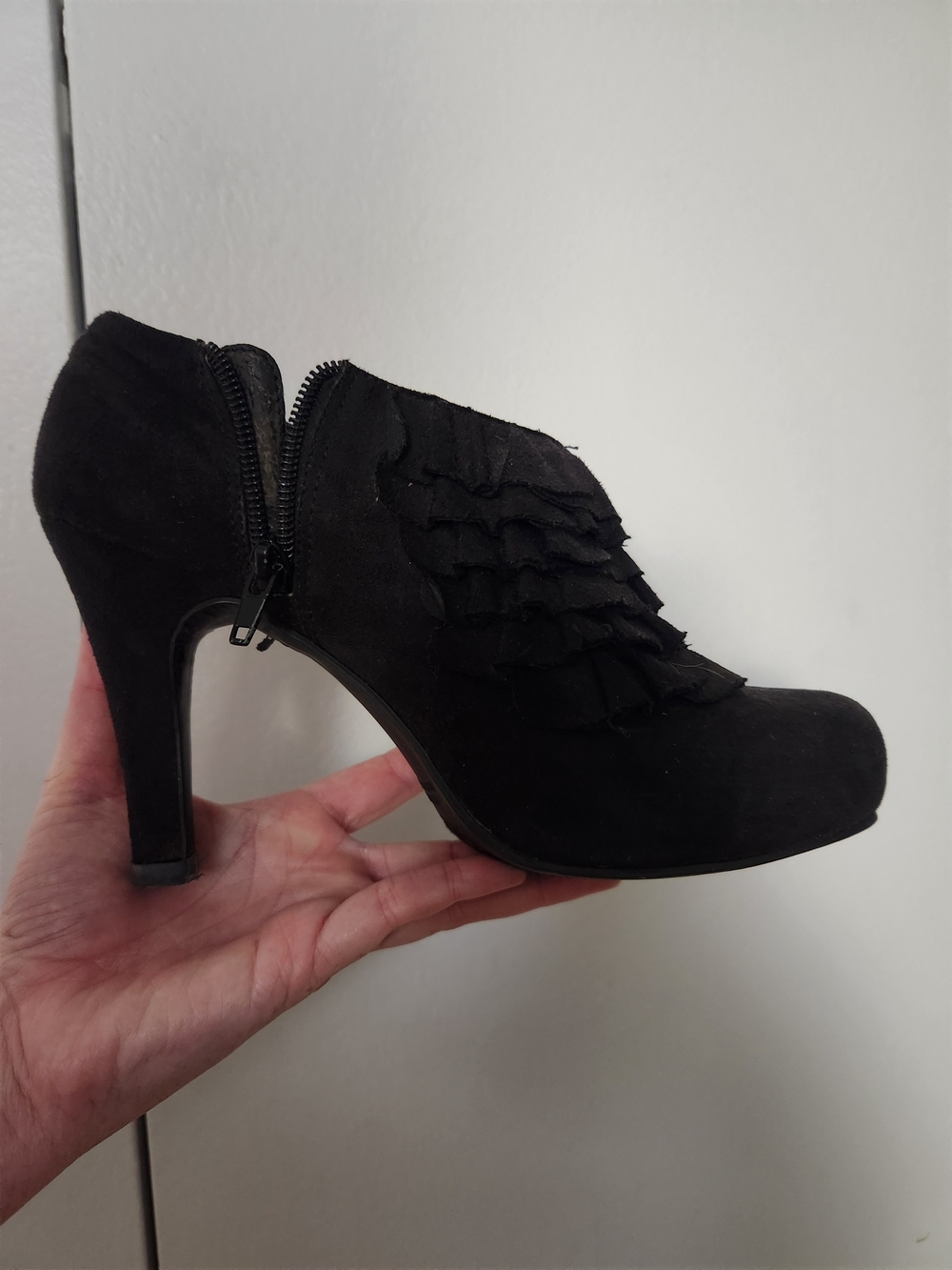 Madden Girl Black Ruffle Suede Heel Bootie